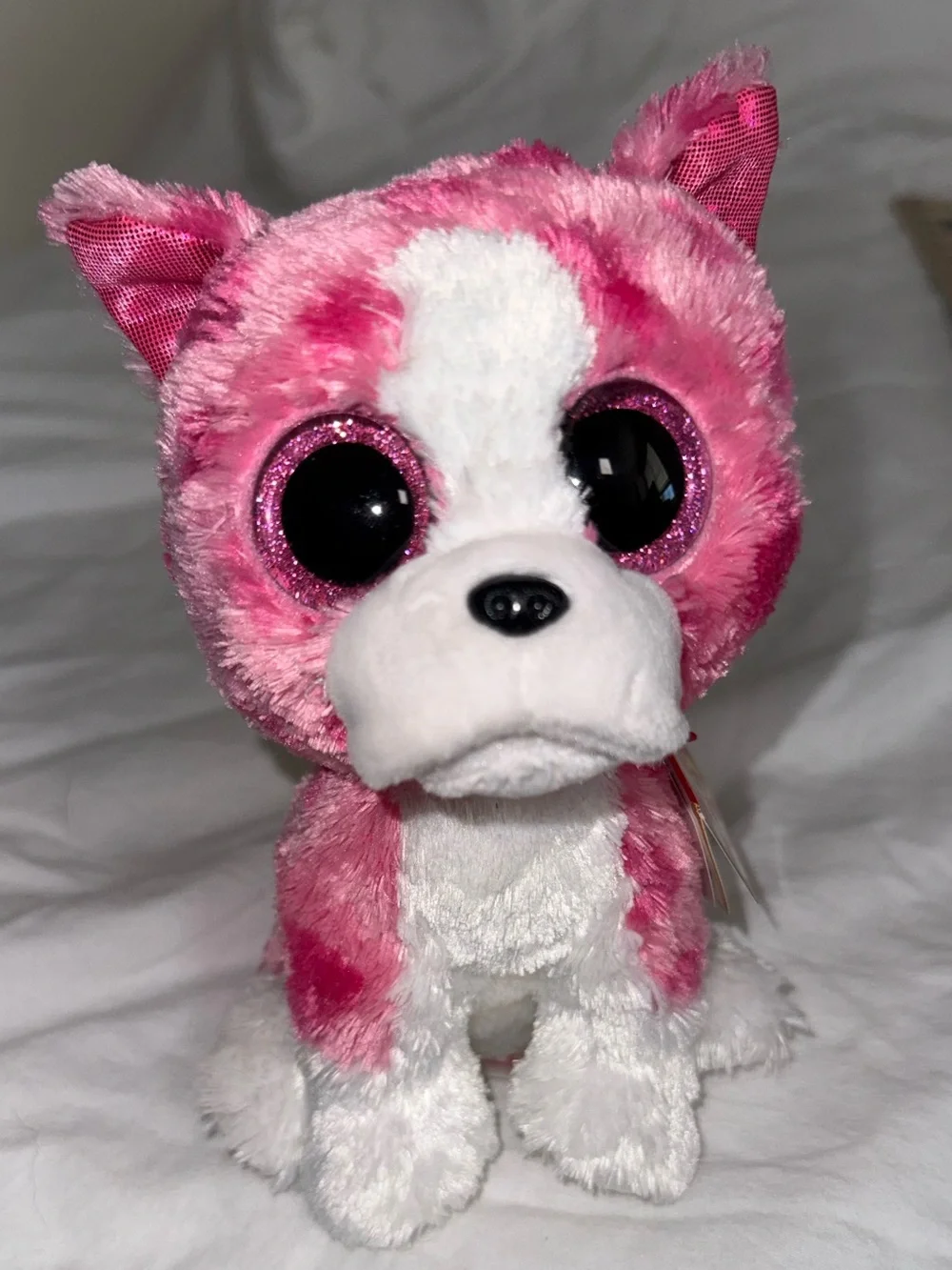 Ty Pink & White Plush Puppy with Sparkly Eyes